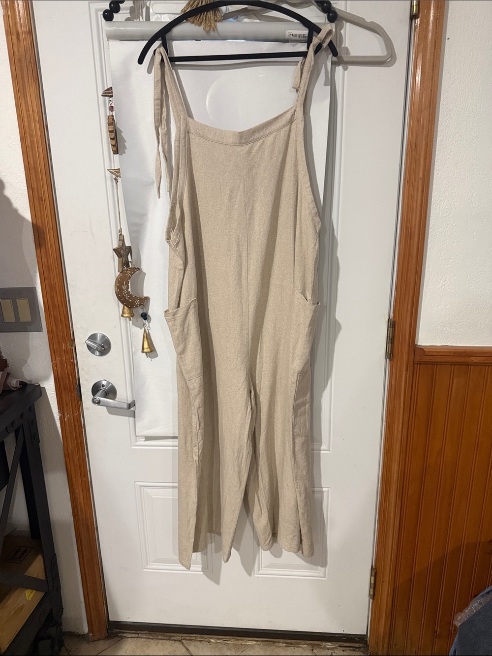 Woven Tie-Strap Jumpsuit in Beige